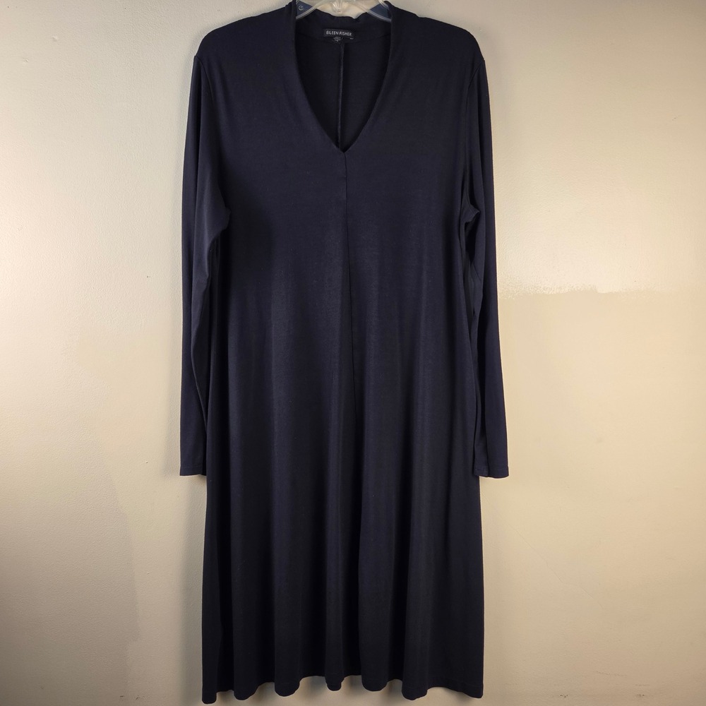Eileen Fisher Black Viscose Jersey V-Neck Long Sleeve A-Line Dress Large